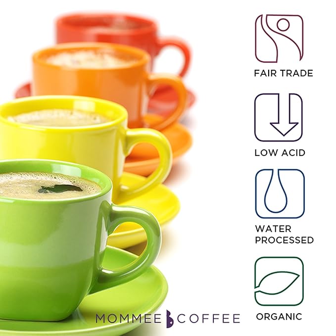 Mommee Coffee Half Caf Ground Low Acid Coffee - 100% Arabica Organic Coffee Beans with Smooth Caramel Flavor - Medium Grind for Drip, Reusable One Cup Filters - 11 oz