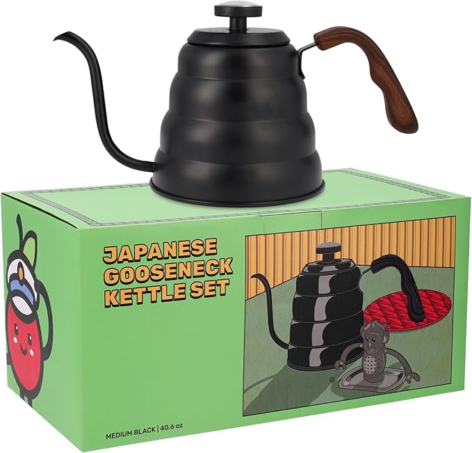 Japanese Gooseneck Kettle Stovetop with Thermometer and Insulated Handle (4-piece, 40.6 oz /1200ml), Stainless Steel Pour Over Tea Stovetop Kettle, Precision Pour Kettles Pot for Coffee & Tea (Black)