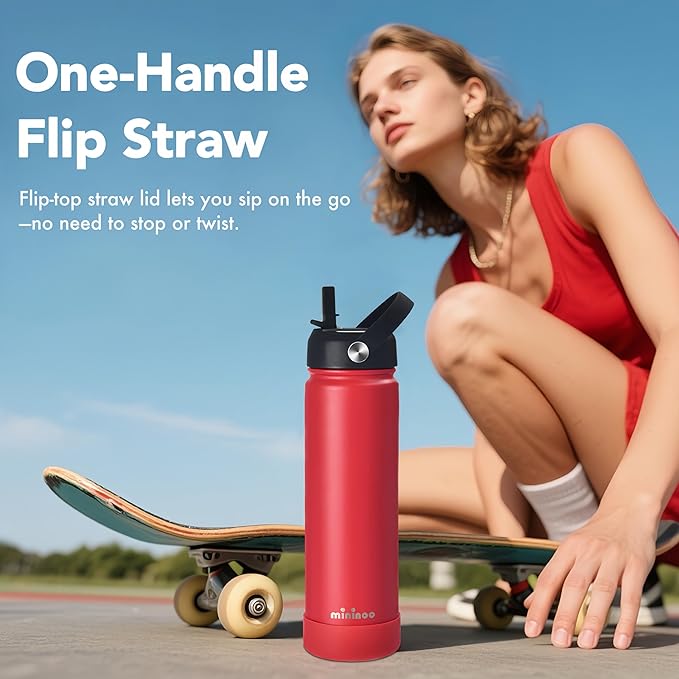 mininoo Insulated Stainless Steel Water Bottle with Straw and Lid for Sports, 24 oz, Red
