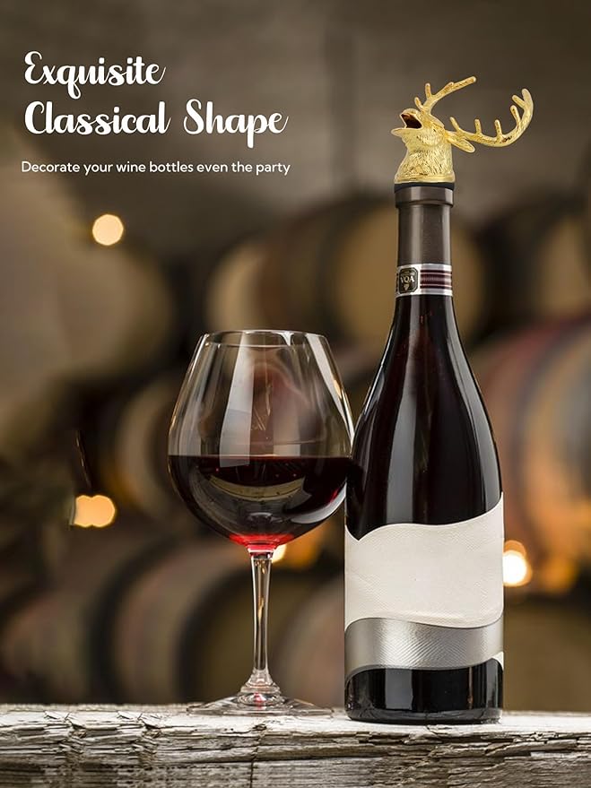 Gold Deer Head Wine Pourer, Liquor Bottle Pour Spout with Leak-Proof Rubber Stopper, Universal Fit for Wine Whiskey Champagne Olive Oil – Drip-Free Bar Pourer Gift for Men, Weddings & Holidays