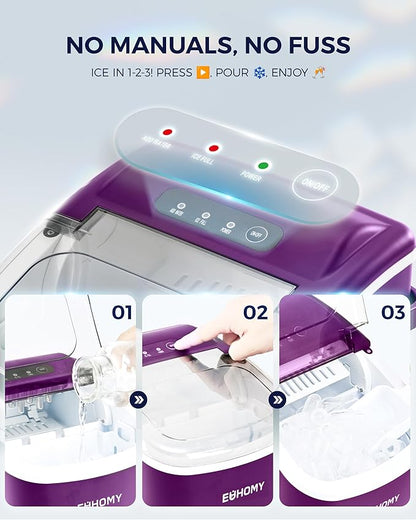 EUHOMY Countertop Ice Maker Machine with Handle, 26lbs Per Day, 9 Ice Cubes Ready in 6 Mins, Auto-Cleaning Portable Ice Maker with Basket and Scoop, for Home/Kitchen/Camping/RV (Purple)