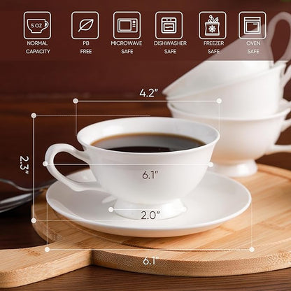 Fine Bone China Espresso Cups and Saucers Set of 4, 5 Oz Classic Plain White Luxury Ceramic Coffee Cups Set, for Wedding, Afternoon Tea, Gift, Work, Festival