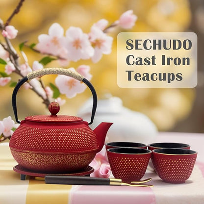 Japanese Cast Iron Tea Cups, Small and Heavy Teacups with no Handles, Japanese Style Cups for Adults, Asian Teacup, Coated with Enameled Interior, 4 Pcs/Box (Red, 2oz/60ml)