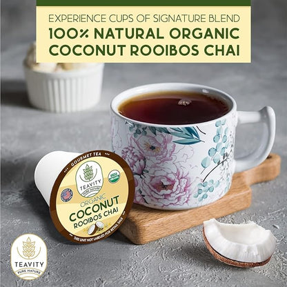 Coconut Rooibos Chai Tea Pods for Keurig - Organic Ginger Tea, Rooibos, Cinnamon, Cardamom, Coconut & Chai by Teavity (24 Tea Pods)