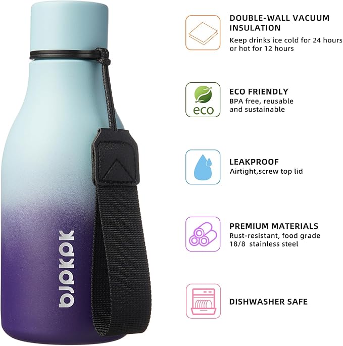 BJPKPK Insulated Water Bottles, 12oz Stainless Steel Metal Water Bottle with Strap, BPA Free Leak Proof Jugs, Mugs, Flasks, Reusable Thermal Flasks for Sports & Travel, Ocean Dream