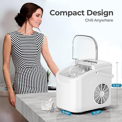 Countertop Ice Maker Machine, 8 Ice Cubes in 6 mins, 26lb/Day Ice with 2 Sizes- Portable Mini, Energy Saving & Basket/Scoop for Home/Party/Travel/Camping/Bar,White