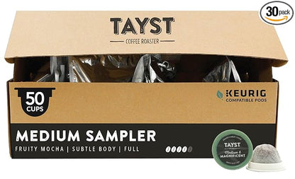 Tayst Coffee Pods, Medium Sampler Box Medium Roast, K Cups Compatible with Keurig Coffee Maker, Sustainable Single Serve, Pack of 50