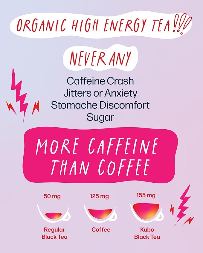 High Caffeine Tea (140 mg) - Kubo Tea: Organic Energize Yerba Mate Green Tea Bags for Clean Energy & Focus | Healthy Coffee Substitute | Ashwagandha Root Blend | 20 Ct | Compostable Packaging