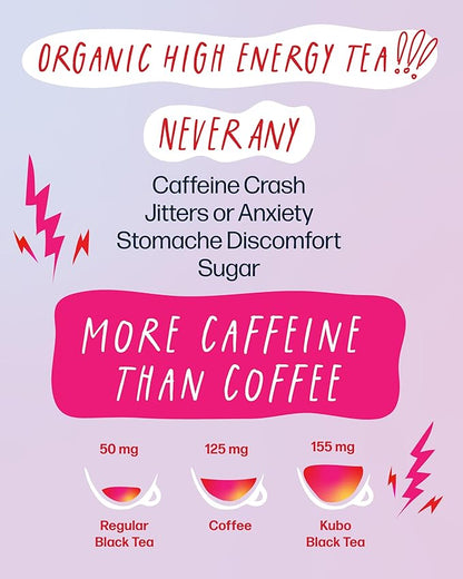 High Caffeine Tea (140 mg) - Kubo Tea: Organic Energize Yerba Mate Green Tea Bags for Clean Energy & Focus | Healthy Coffee Substitute | Ashwagandha Root Blend | 20 Ct | Compostable Packaging