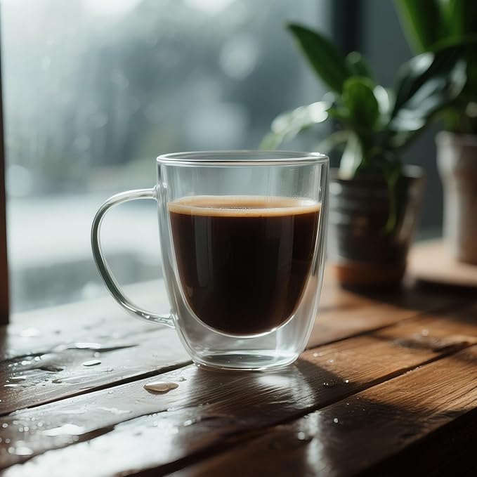 Large Double Wall Glass Coffee Mugs 18 oz, Clear Coffee Cup With Handle,Insulated Coffee Mugs Set of 2 With Spoons Perfect for Espresso, Cappuccino, Latte, American,Tea Bag, Beverage