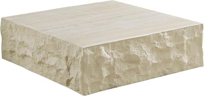 Faux Rock Coffee Table,Drum Coffee Table Fiberglass Square Tea Table for Living Room, Accent Imitation Stone Central Table No Need Assembly, Beige White