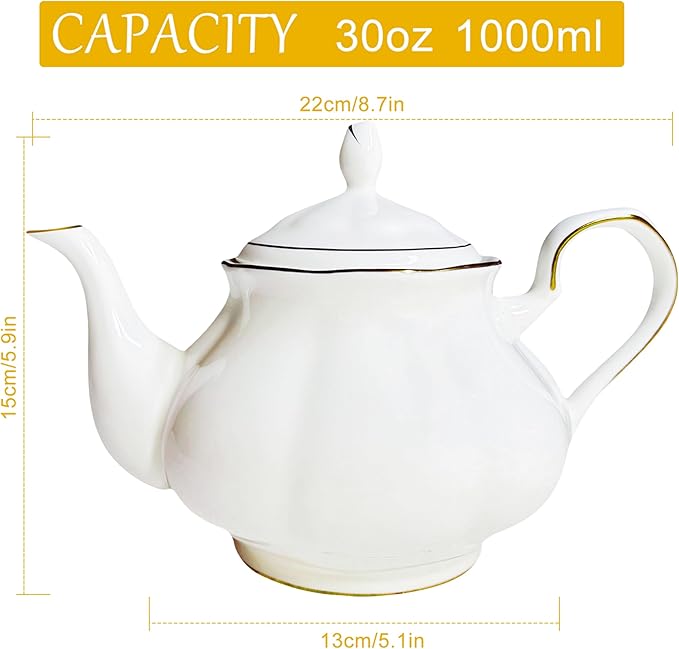 GOMMO Fine Real Bone China Teapot 30oz for Elegant Life Ceramic Tea Kettle (White-Gold)
