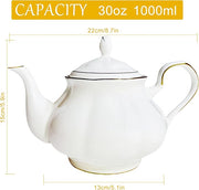 GOMMO Fine Real Bone China Teapot 30oz for Elegant Life Ceramic Tea Kettle (White-Gold)