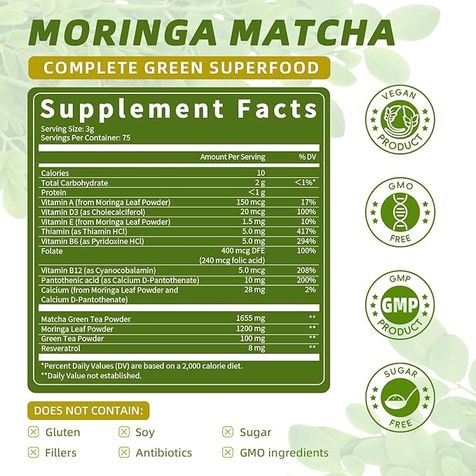 Matcha Powder – Superfood Blend with Moringa & Green Tea & Resveratrol, Energy & Focus Support, Immune & Antioxidant Defense, Vegan, Gluten-Free, 8oz