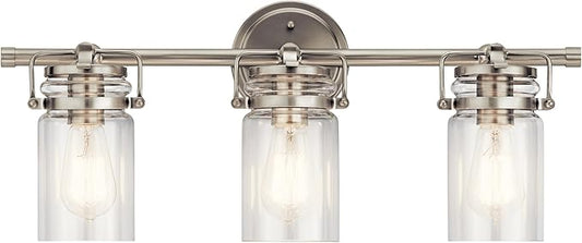 Kichler Brinley 24" Vanity Light in Brushed Nickel, 3-Light Farmhouse Bathroom Vanity Light with Clear Glass, (24" W x 10" H), 45689NI
