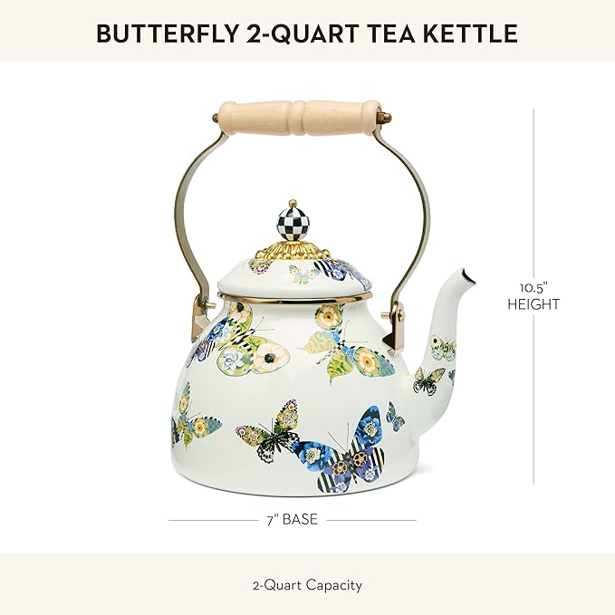MACKENZIE-CHILDS 2-Quart Enamel Tea Kettle, Cute Tea Kettle for Stovetop, Butterfly