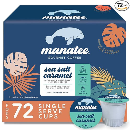 Manatee Gourmet Coffee, Single Serve Pods for Keurig K Cup Brewers, Medium Roast, Sea Salt Caramel, 72 Count
