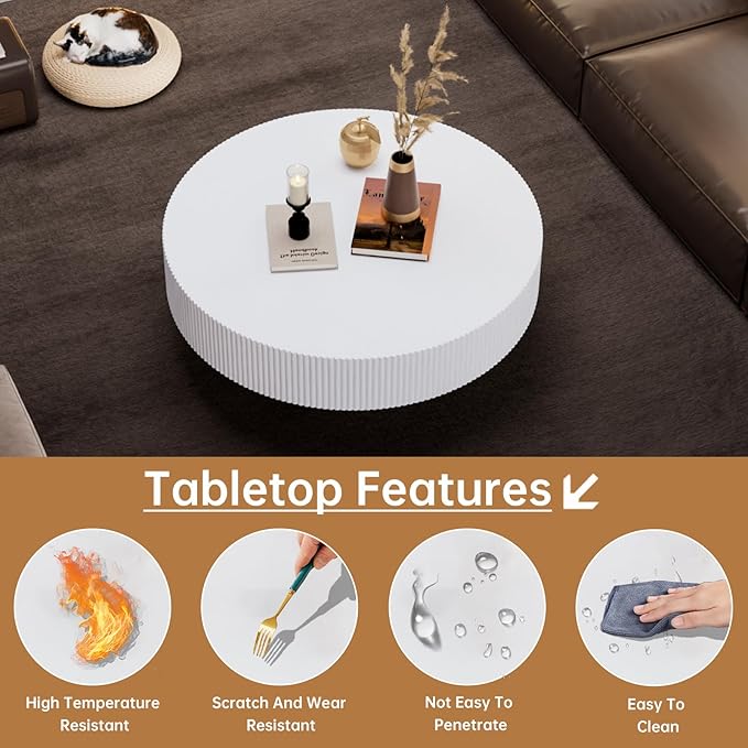 Round Coffee Table 30.7" Modern White Fluted Coffee Table Low Round Drum Pedestal Coffee Tables for Living Room Farmhouse (White 30.7in)