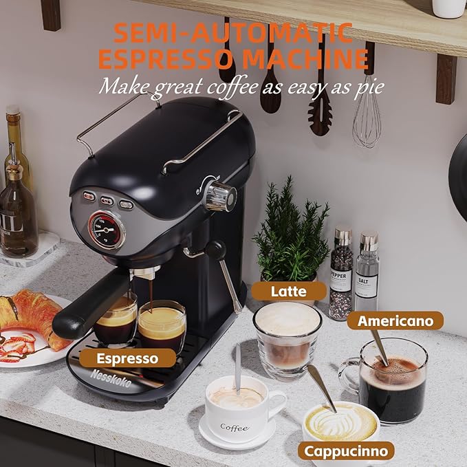 Espresso Coffee Machine, 20 Bar Compact Semi-Automatic Espresso Machine with Milk Frother for home Latte, Cappuccino, Black