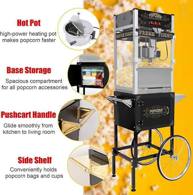 20oz Popcorn Machine with Cart, Wheels & Stainless Steel Kettle, Vintage Movie Theater Style, Popcorn Maker Machine for Parties, Events, Home & Commercial Use, Black