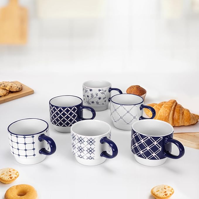 Schliersee 12 OZ Stackable Ceramic Coffee Mugs set of 6, Geometric Floral Pattern Small Mug, Blue White Porcelain Coffee Mug, Stacking Coffee Mugs, Tea Mug, Water Cup, Dishwasher Safe, Microwave Safe