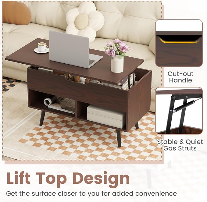 Tangkula Lift Top Coffee Table, Modern Cocktail Table with Hidden Compartment & 2 Open Shelves, Flip Top Center Table, Wooden Pull up Coffee Table for Living Room, Reception Room, Office (Brown)
