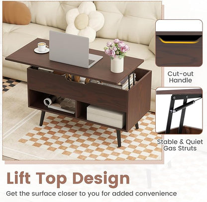 Tangkula Lift Top Coffee Table, Modern Cocktail Table with Hidden Compartment & 2 Open Shelves, Flip Top Center Table, Wooden Pull up Coffee Table for Living Room, Reception Room, Office (Brown)