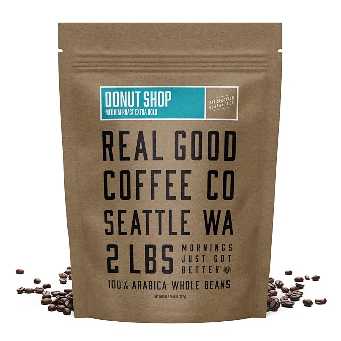 Real Good Coffee Company Donut Shop Medium Roast Whole Bean Coffee - Fresh Roasted Coffee Beans - Pairs with Donuts & Pastries - 32 Oz