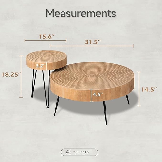 2-Piece Modern Farmhouse Living Room Coffee Table Set, Nesting Table Round Natural Finish with Handcrafted Wood Ring Pattern