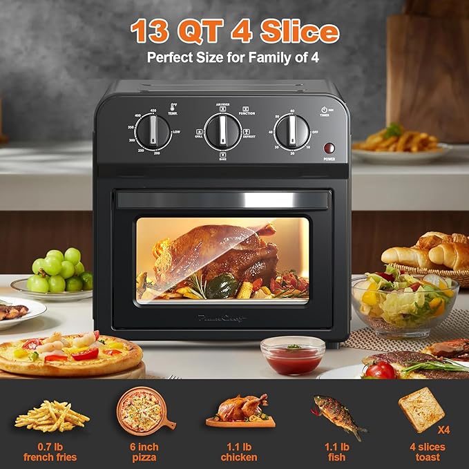 PlumChef 13 Quart 4 Slices Air Fryer Convection Toaster Oven, 1500W, Multifunction Oven forAir Fryer, Gril, Defrost, Bake, Time and Temperature Controls,Black