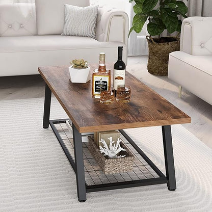 Tohomeor 2-Tier Industrial Coffee Table Mnimalist Vintage Farmhouse Wooden and Metal Living Room Coffee Table with Storage Shelf Accent Furniture (Rustic Brown)