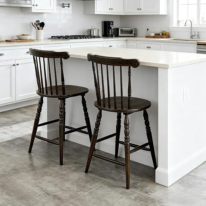 chairus 24" Windsor Counter Height Bar Stools Set of 4, Farmhouse Wooden Counter Stools with Spindle Back & Turned Legs, Rustic Vintage Colonial Bar Chairs for Kitchen Island, Antique Brown