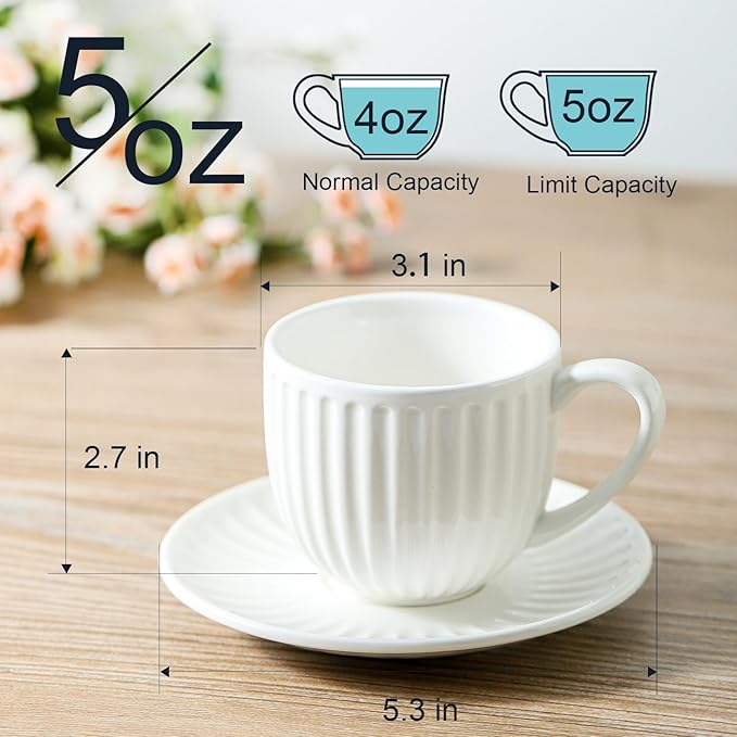 Ceramic Espresso Cups with Saucers 5 Oz,Set of 4 Porcelain Demitasse Cups Set,Small Coffee Cups with Handle for Coffee,Tea,Latte and Macchiato,Cappuccino Mugs for Kitchen and Cafe,White