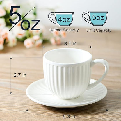 Ceramic Espresso Cups with Saucers 5 Oz,Set of 4 Porcelain Demitasse Cups Set,Small Coffee Cups with Handle for Coffee,Tea,Latte and Macchiato,Cappuccino Mugs for Kitchen and Cafe,White