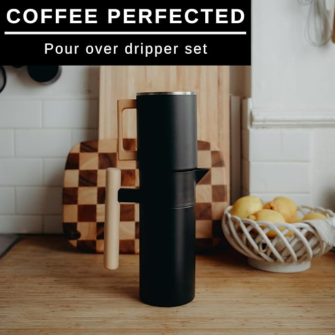 HASTINGS 40 Oz Pour Over Coffee Maker Set with Double Layer Reusable Stainless Steel Filter 8-Cup and Wood Handle - Dual Wall Heat Resistant Drip Coffee Brewer, Pour Over Coffee Dripper Carafe, Black