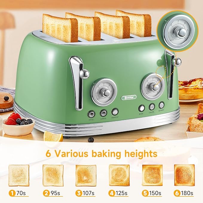 4 Slice Toaster, Retro Green Toaster, Bagel, With Stainless Steel Lid. Reheat, Defrost and Cancel Functions, Countdown Function, 6 Browning Levels, Stainless Steel Material, TR03
