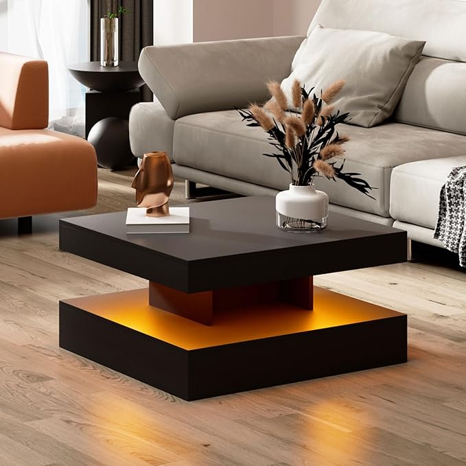 Black LED Coffee Table for Living Room, Living Room Table 2-Tier Square Middle Center Table, Modern Coffee Tables with Storage, Wood Tea Tables for Dining Reception, Skin Feeling