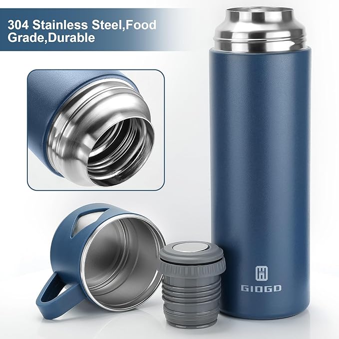 Stainless Steel Thermo 700ml/23.7oz Vacuum Insulated Bottle with Cup for Coffee Hot drink and Cold drink water flask.(Blue,Set)