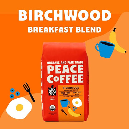 Peace Coffee Birchwood Breakfast Blend | 20 oz Whole Bean Medium Roast | Organic Fair Trade | Smooth, Mild Flavor | Shade Grown, Fresh Roasted