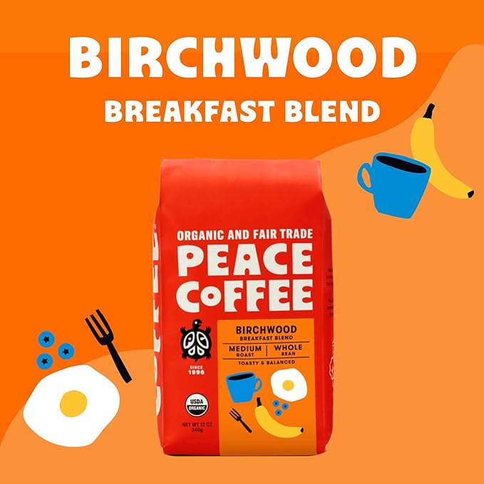 Peace Coffee Birchwood Breakfast Blend | 20 oz Whole Bean Medium Roast | Organic Fair Trade | Smooth, Mild Flavor | Shade Grown, Fresh Roasted