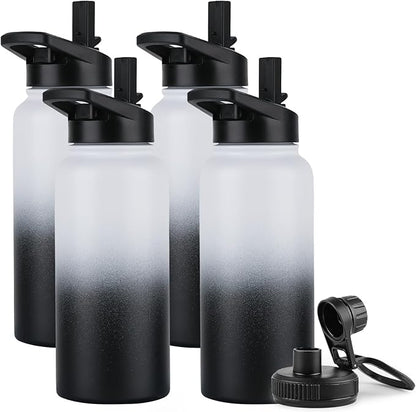 DOMICARE 32 oz Insulated Water Bottle Bulk, Vacuum Insulated Stainless Steel Sports Water Bottle with Straw Lid & Spout Lid, Leakproof, Reusable - Travel, Camping, Bike, Black White Gradient (4 Pack)