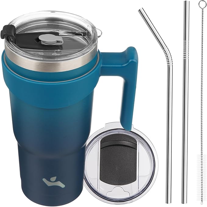 20 oz Tumbler with Handle and 2 Straw 2 Lid, Insulated Water Bottle Stainless Steel Vacuum Cup Reusable Travel Mug,Indigo Black