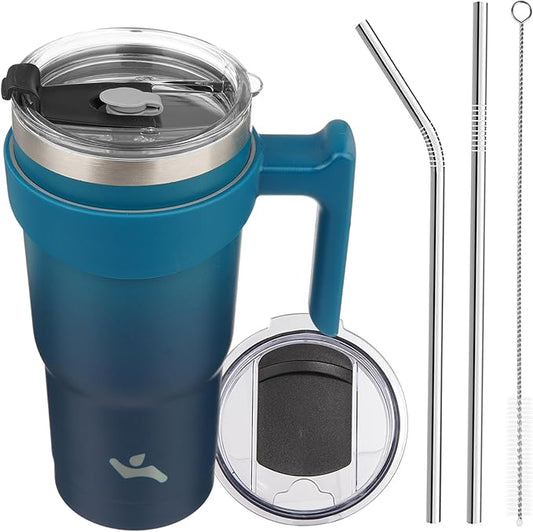 20 oz Tumbler with Handle and 2 Straw 2 Lid, Insulated Water Bottle Stainless Steel Vacuum Cup Reusable Travel Mug,Indigo Black