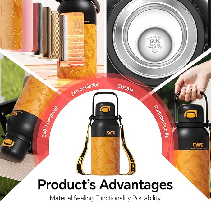 QWE Large Insulated Water Bottle with Straw&Lids,1200ml/40oz Vacuum Sealed Sport Bottles,Double Drinking,Stainless Steel Tumbler with Handle,LeakProof,BPA-Free,for Hiking,Gym,camp (Mountain Orange)