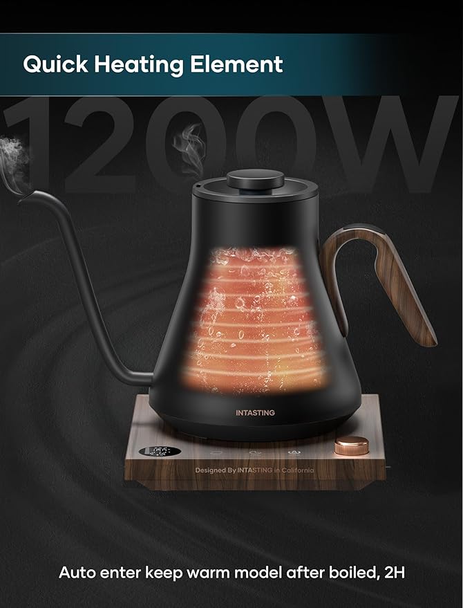 Electric Kettle, Gooseneck Electric Kettle, ±1℉ Precise Temperature Control, Stainless Steel Interior, Quick Heating for Pour Over Coffee, Tea & Boiling Water, 0.9L (Onyx Black)