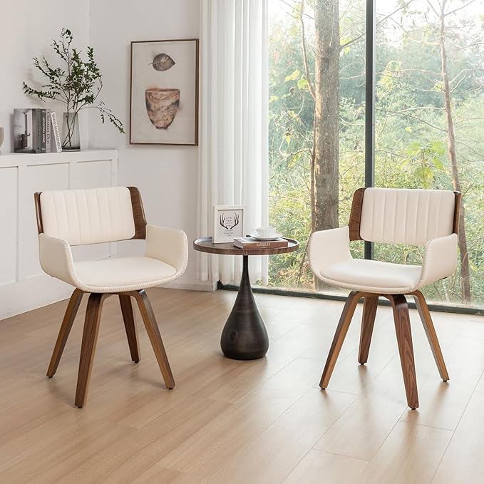 LUNLING Swivel Accent Faux Leather Dining Chairs Set of 2 Mid Century Modern Chairs with Wooden Legs/Armrest/Upholstered Seat/Adjustable Foots for Kitchen Dining Room Desk Chairs Green PU