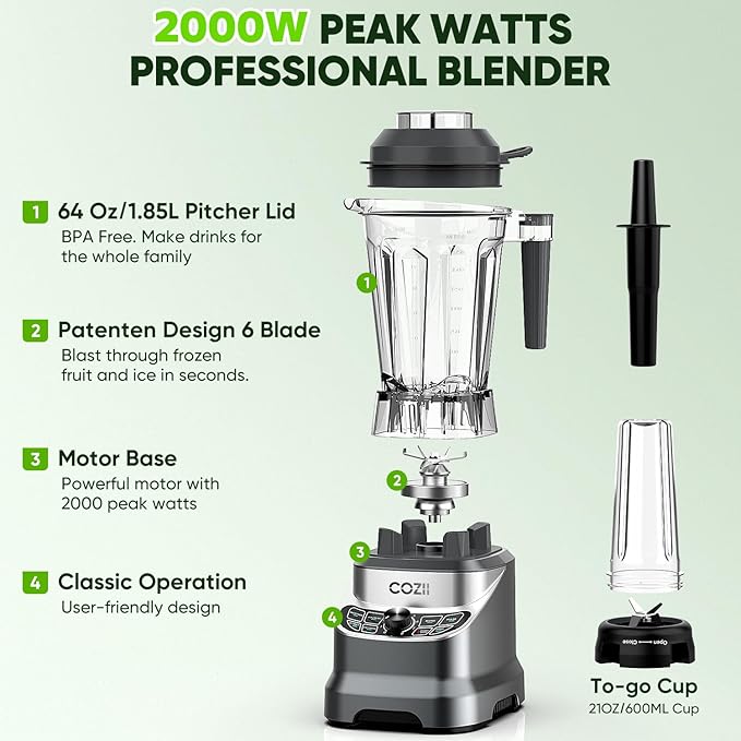COZII Professional Blender 2000W, Smoothie Countertop Blenders for Kitchen, 64 Oz Pitcher/21-Oz To-go Cup, 7 Preset Programs for Ice Crush/Frozen Drinks/Dips/Nut Butter, High Speed, Dishwasher Safe