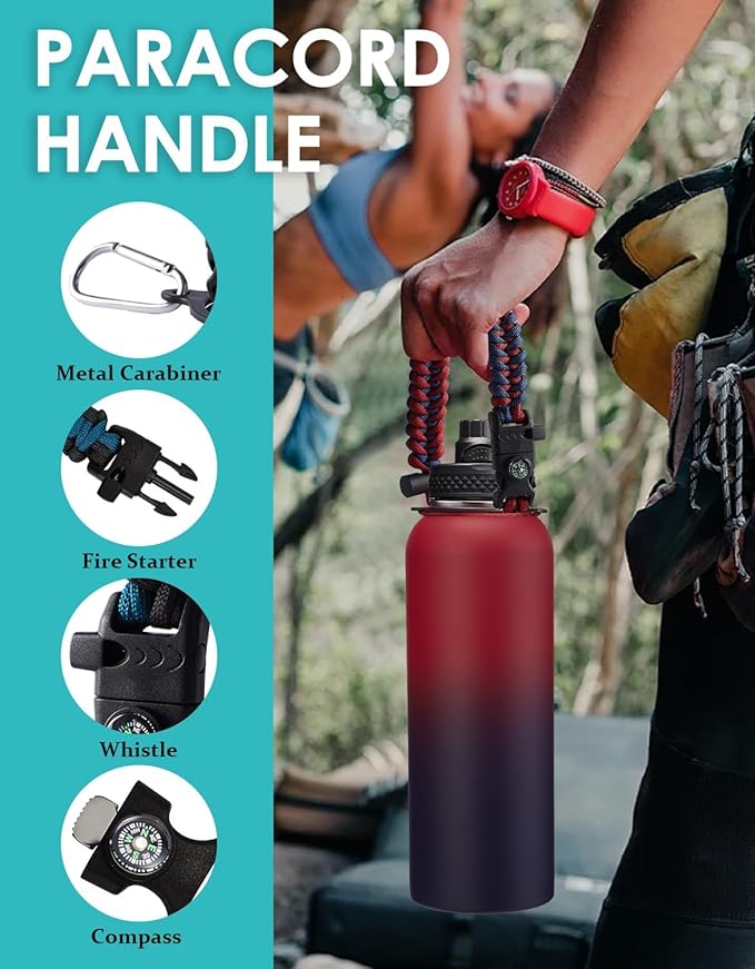 Pink 40 oz Insulated Water Bottle - with Straw Spout Lids, Triple Wall Stainless Steel Water Bottles Cold 48H Hot 24H, Wide Mouth Hydro Bottle Metal Flask with Handle, Strap Carrier Bag for Women