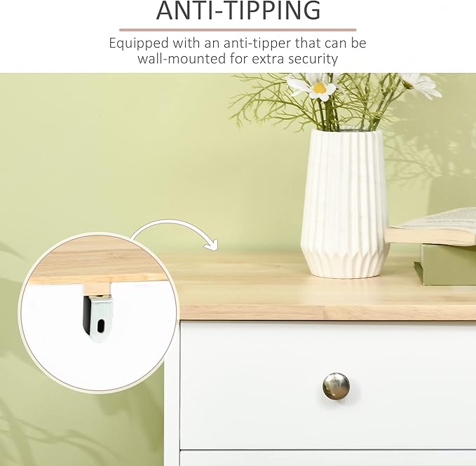 HOMCOM Sideboard with Solid Wood Countertop, Modern Kitchen Storage Cabinet, Coffee Bar Cabinet with 3 Drawers, Doors and Adjustable Shelf, White