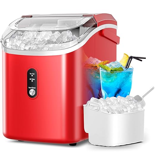 Nugget Ice Maker Countertop with Self-Cleaning Function, 35lbs/Day, Portable Ice Machine with Handle, One-Click Operation, Compact Design, Sonic Pellet Ice for Home(Red)